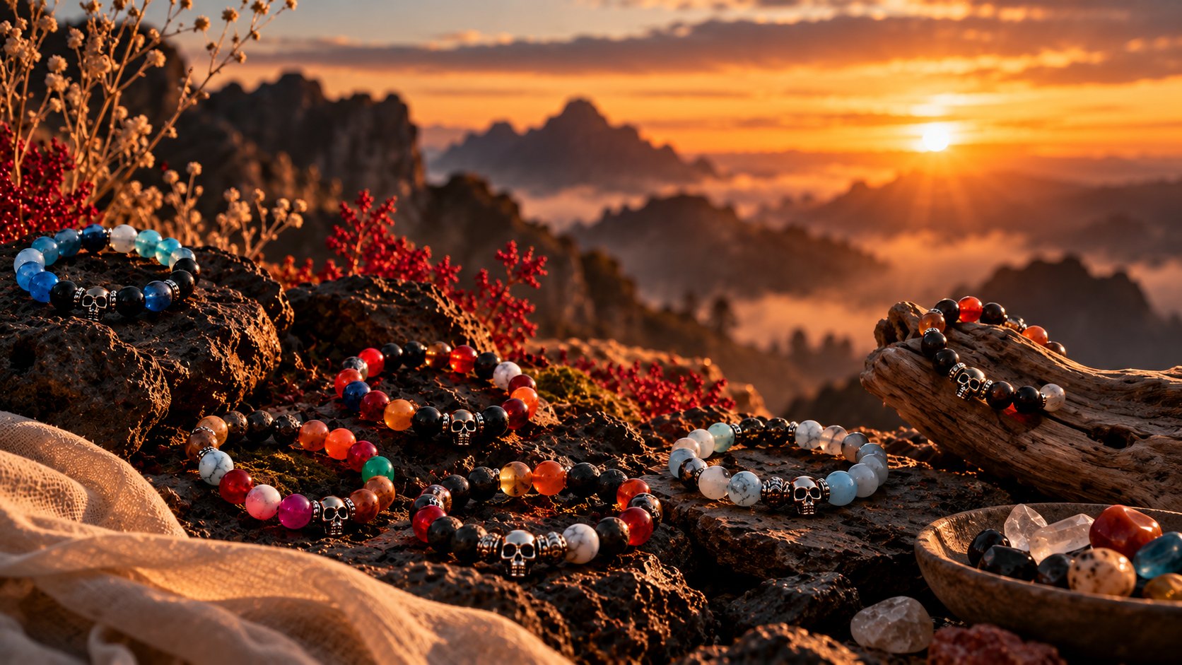 I bracciali MaLa su roccia lavica al tramonto, tra arbusti rossi, legno e una ciotola di pietre grezze.